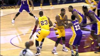 February 10, 2016 - Lakers vs. Cavaliers - LeBron James Hits D'Angelo Russell In Groin With Ball